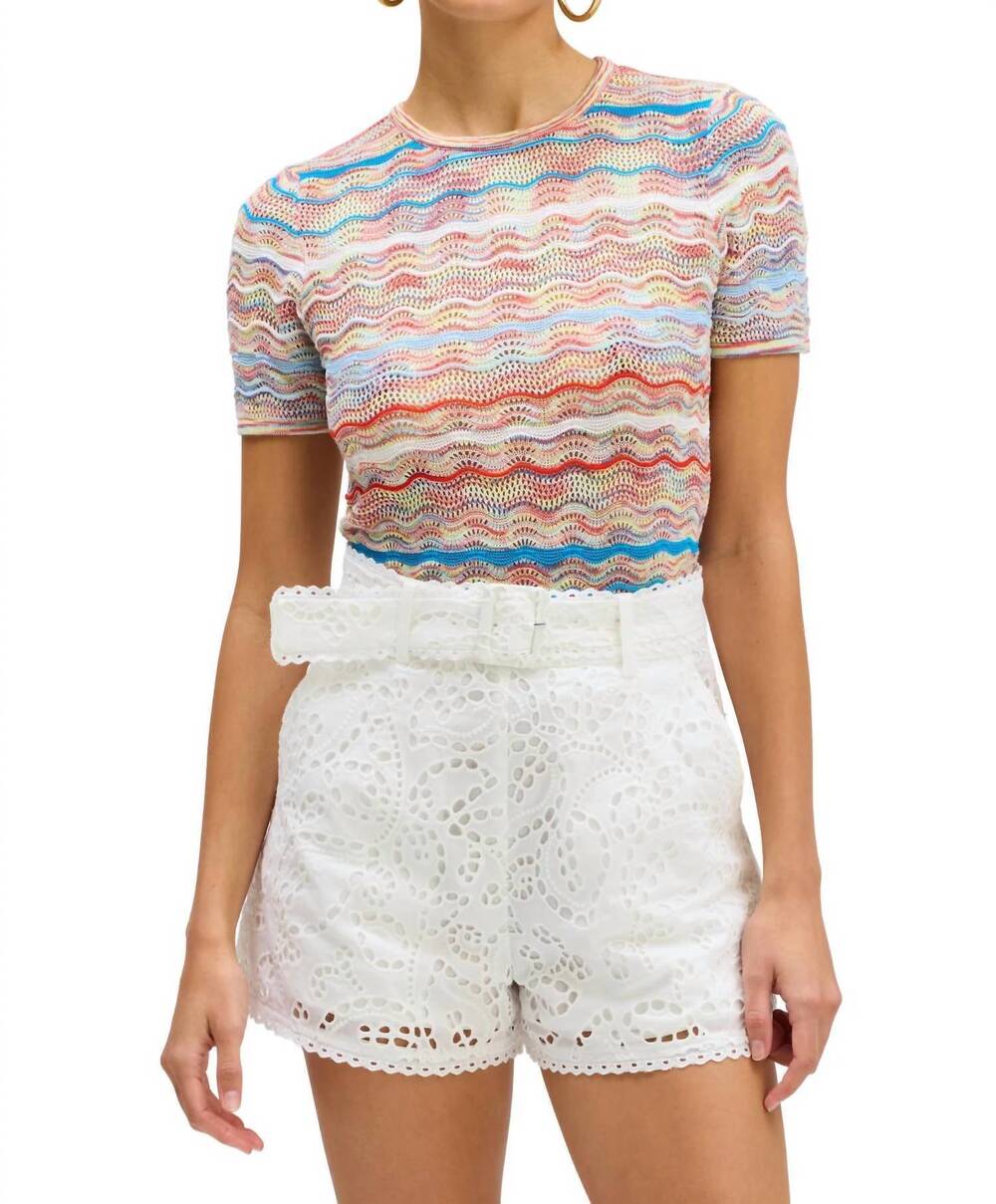 NEW ALLISON NEW YORK sia fitted short sleeve top in blue/red multi